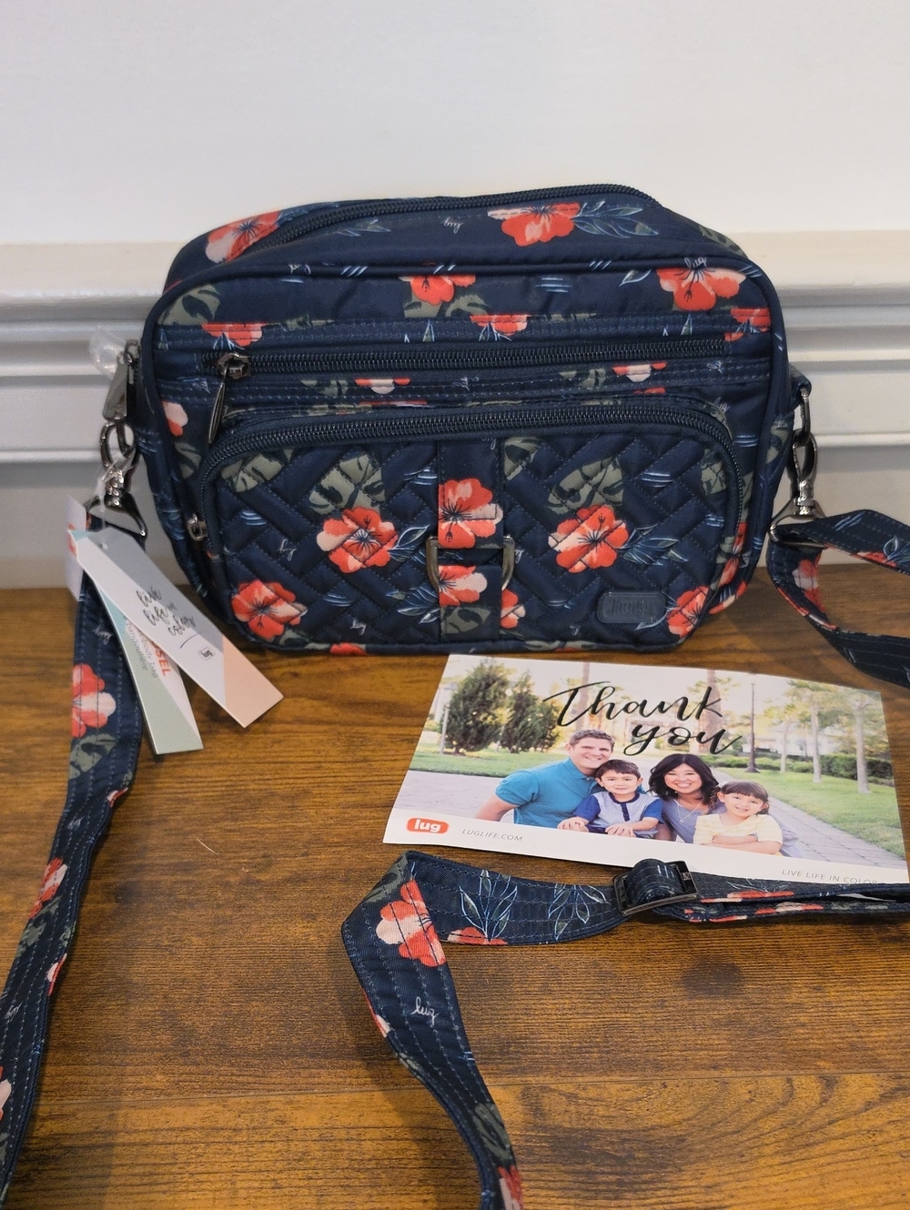 NWT lug Navy Floral Quilted Crossbody with Coral Accents